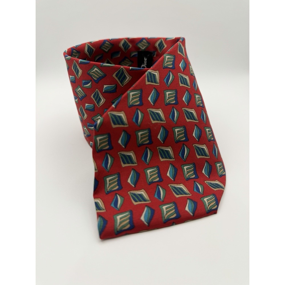 Vintage Christian Dior Monsieur Silk Tie Red Geometric Pattern Luxury Designer